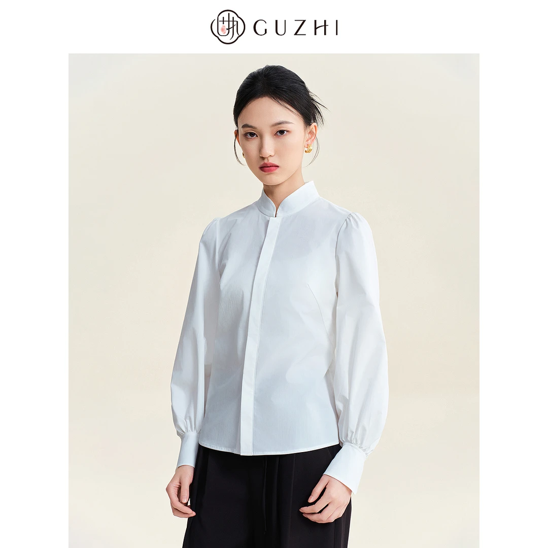 固执2025春季新款新中式立领纯色长袖衬衫女上装