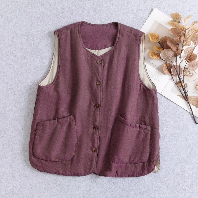 加厚保暖文艺复古民族风无袖紫色棉袄马夹暖洋洋火龙果棉服马甲女