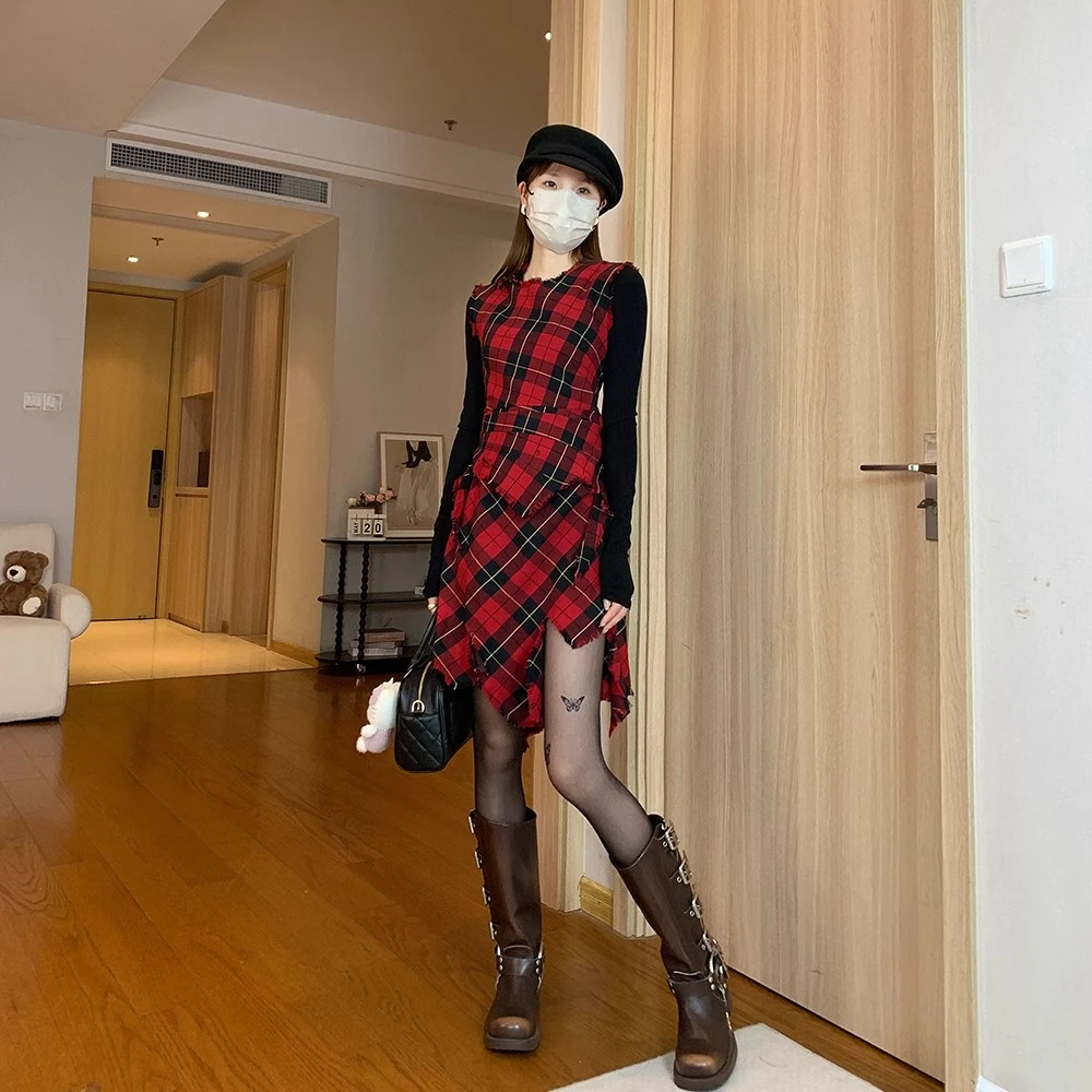 mcc lemons 宅女同款 红色格子无袖不规则手工流苏圣诞连衣裙
