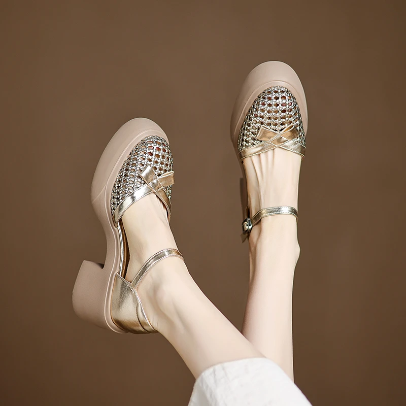 牛皮/8cm/时尚百搭夏季单鞋真皮厚底洞洞鞋增高跟粗跟中跟凉鞋女