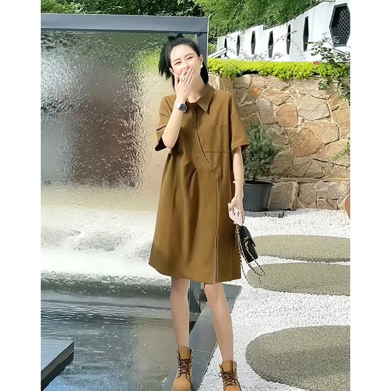 【开学季】设计感褶皱POLO领连衣裙女夏季遮肚子宽松开叉裙子休闲