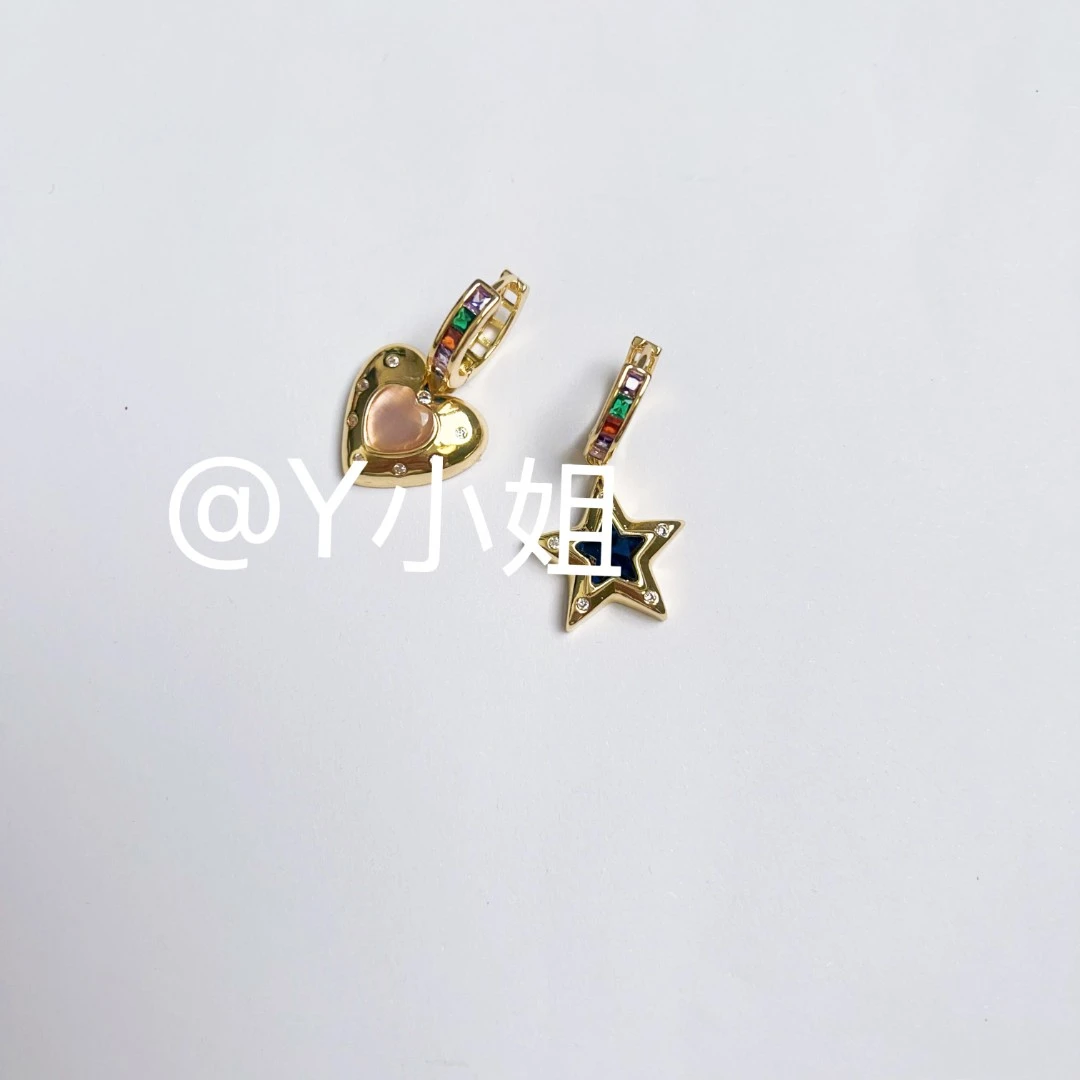 铜合金锆石耳饰 复古不对称宋妍霏同款猫眼石爱心五角星耳钉E160