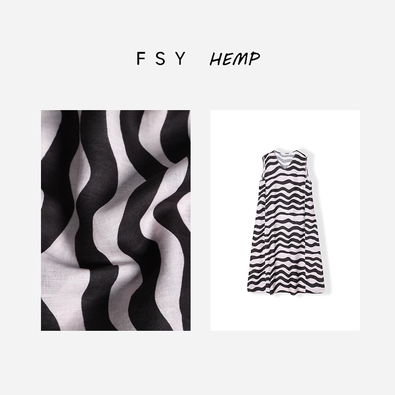 60支纯汉麻无袖连衣裙条纹印花凉爽V领女士连衣裙FSY50440