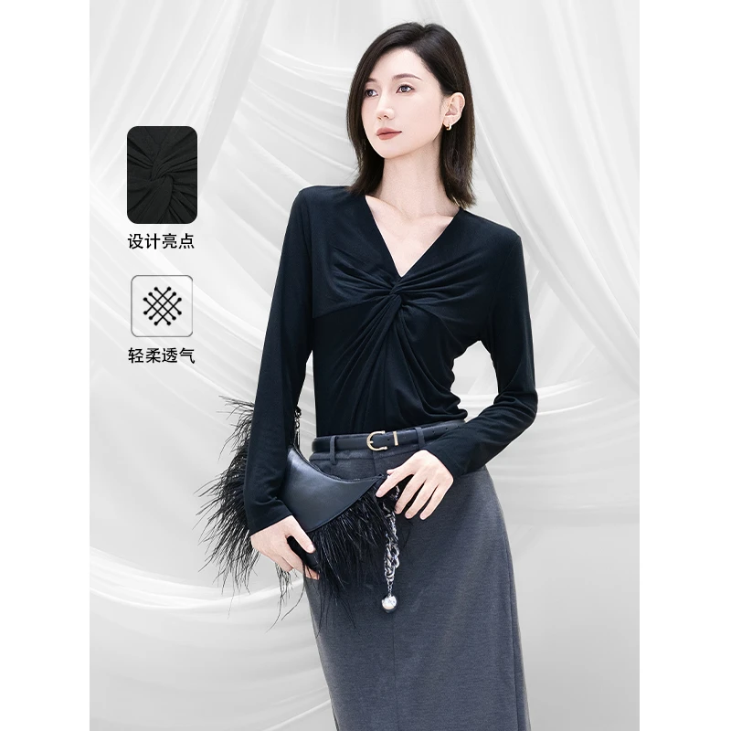 玛丝恩迪秋季新款时尚黑色打底衫330250长袖设计感
