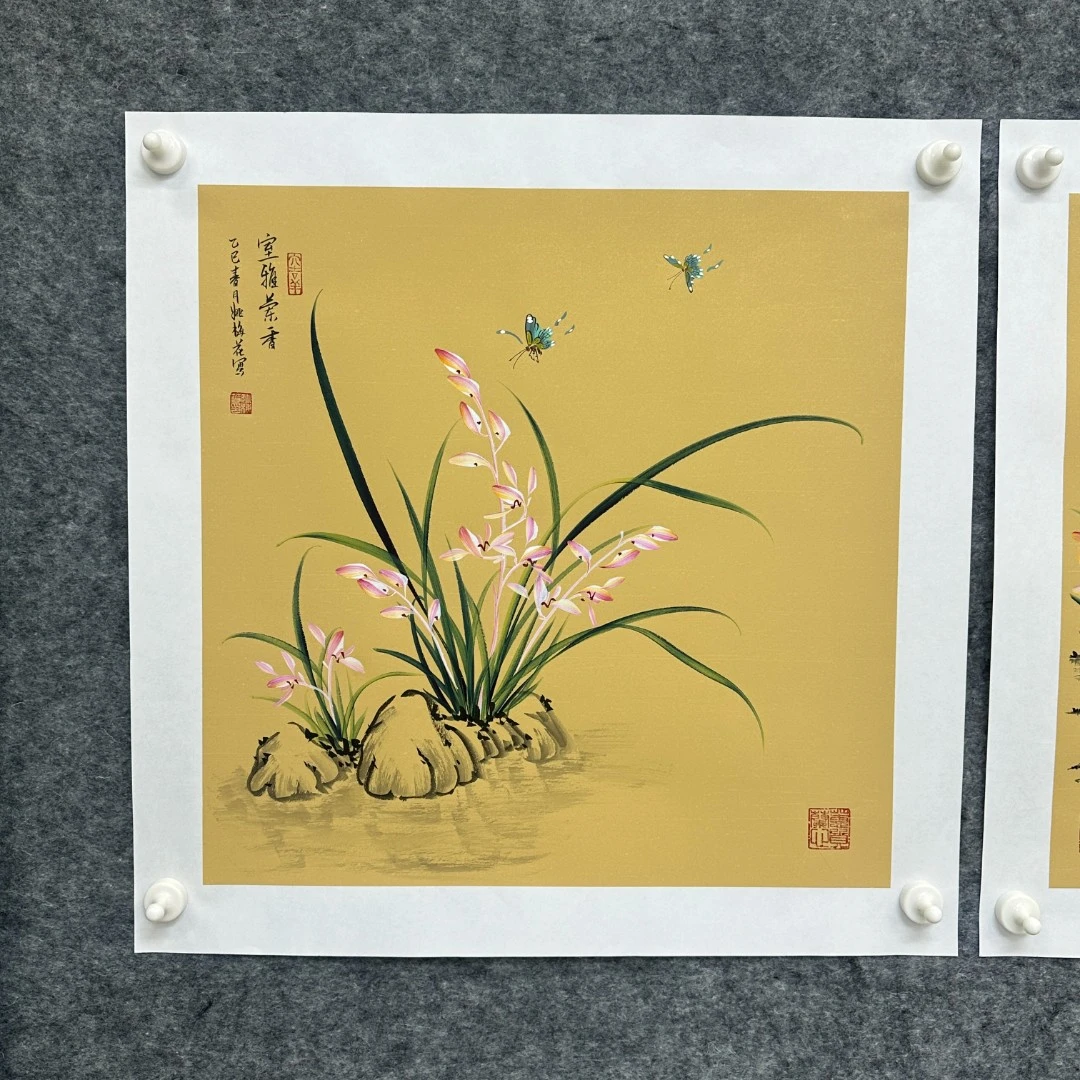 一笔三色斗方兰花作品四尺对开斗方