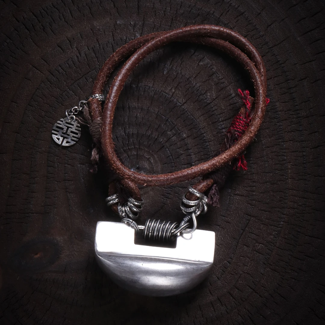 吊坠足银 <大头姐>N17838 饺子锁福包喜字圈圈皮绳项链