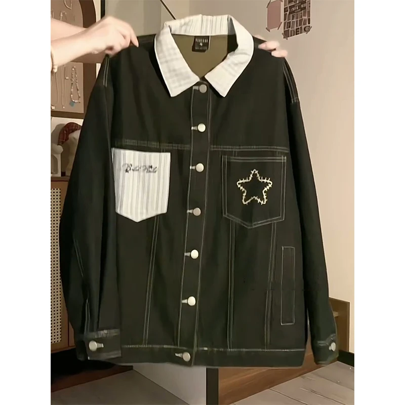 美式高街撞色星星牛仔外套女2025新款单宁黑个字拼接夹克上衣ins