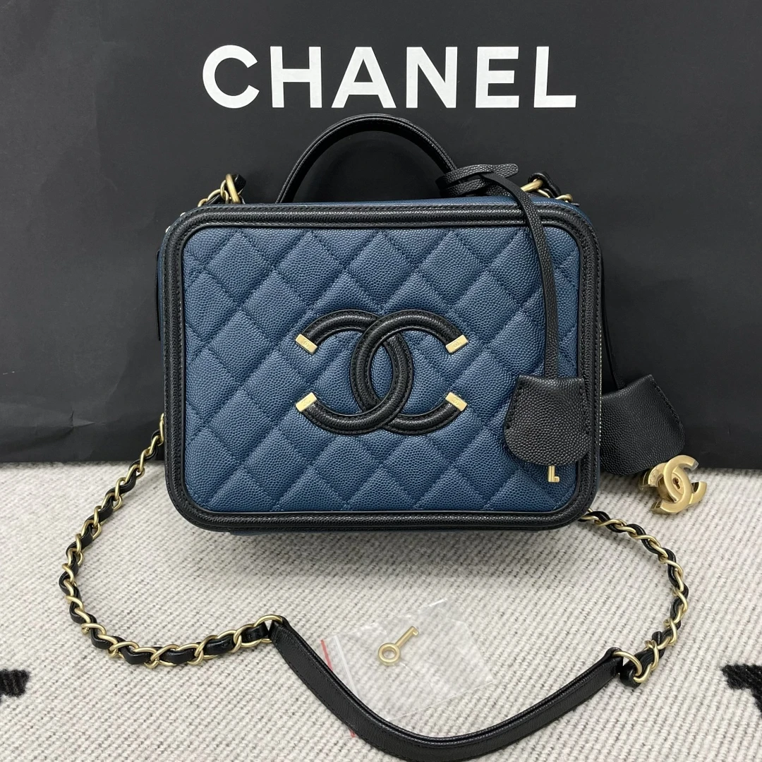 95新 Chanel/香奈儿 蓝黑金色手提单肩相机包