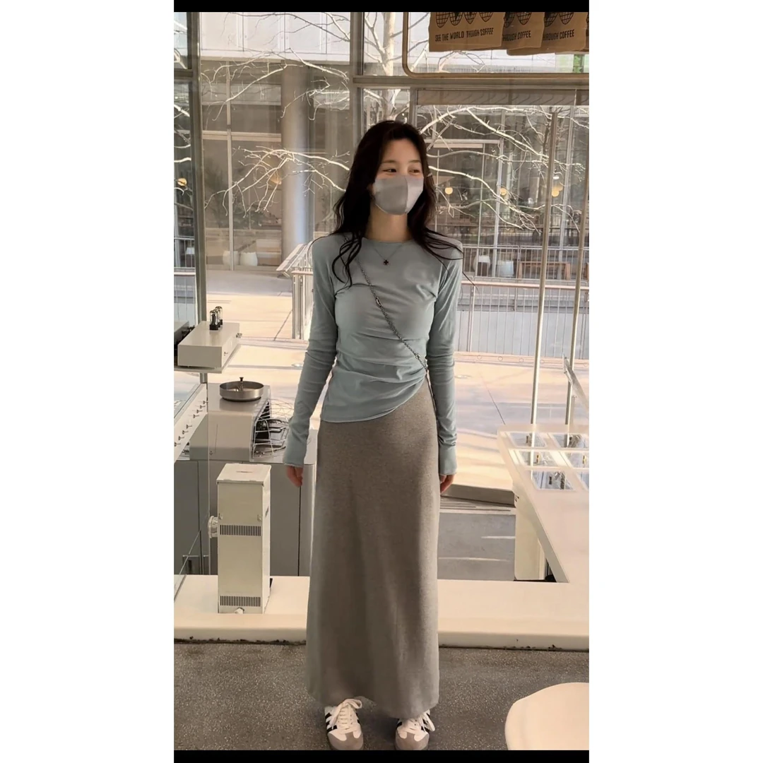 春夏新款时尚套装女洋气圆领长袖上衣高腰显瘦气质半身裙两件套潮