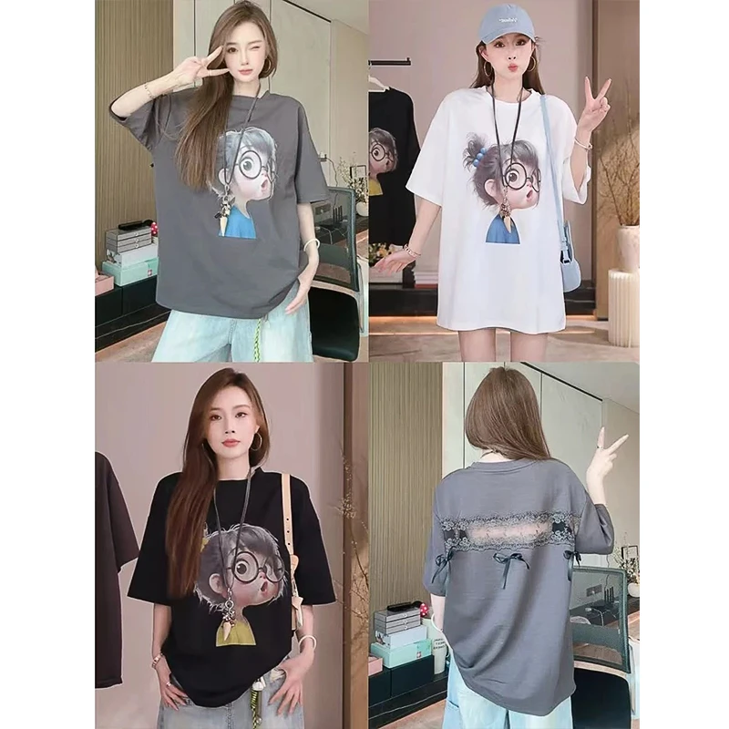 【现货送运费险】后背蕾丝花边蝴蝶结纯棉短袖T恤女夏季宽松上衣服