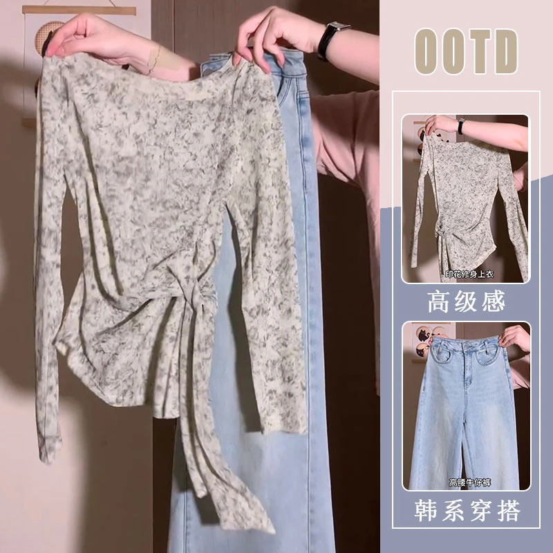 不规则印花长袖法式碎花T恤上衣女2025秋季休闲修身牛仔裤两件套