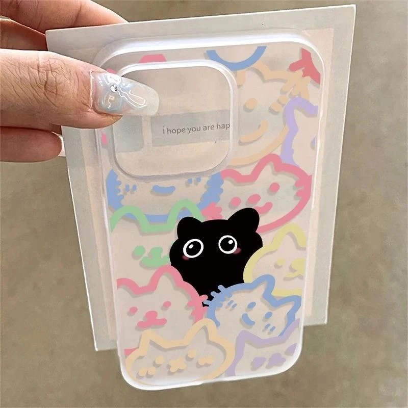 彩色黑猫磨砂壳适用于iphone16Epromax苹果手机壳全包大孔软壳