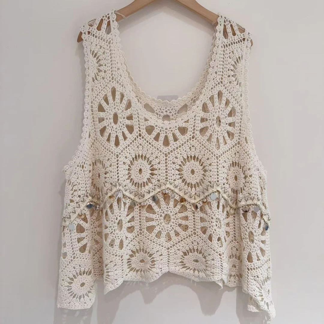 【冰冰】遮肉显瘦夏日马甲钩花蕾丝衫小众复古新款镂空独特套头上衣