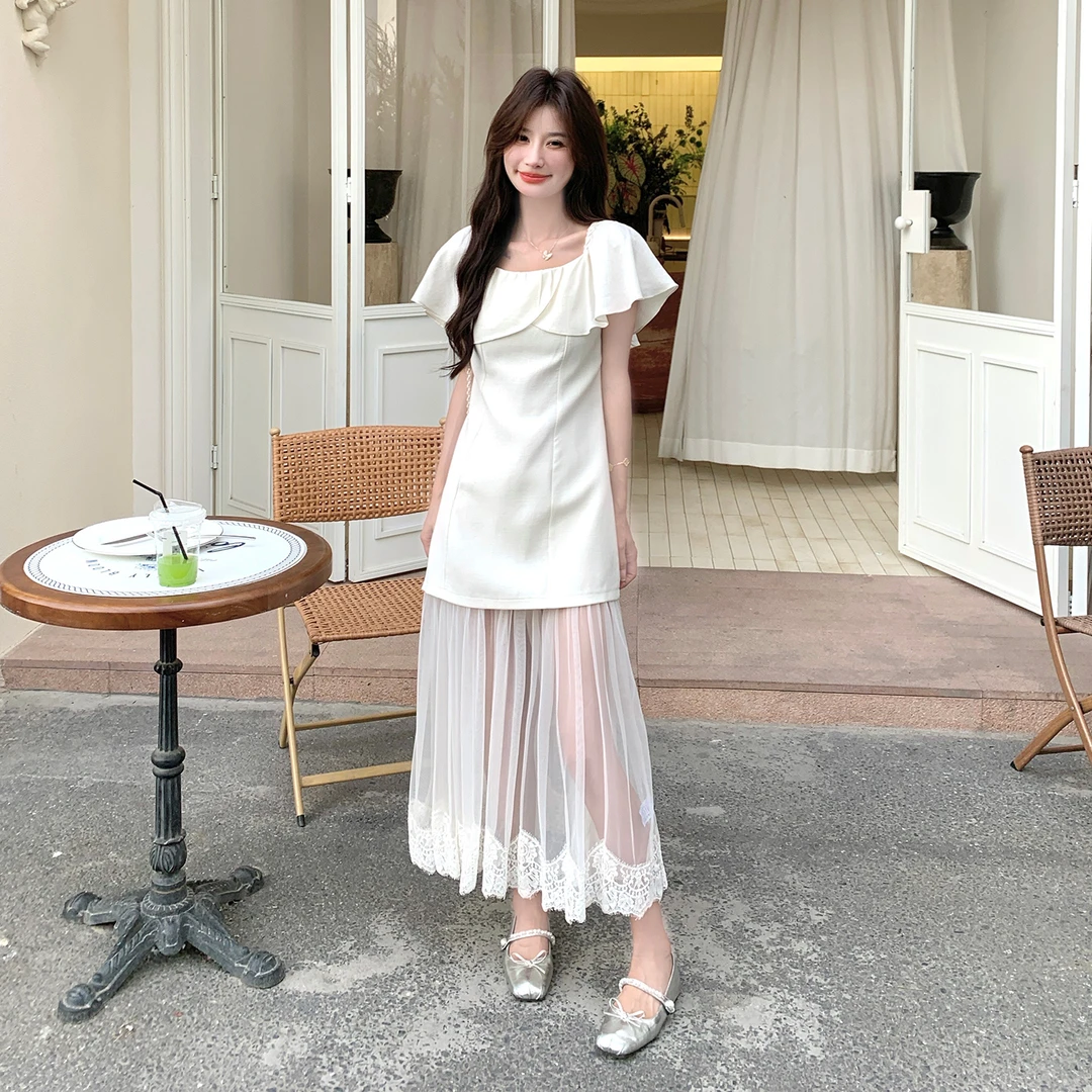 高级感气质荷叶边一字肩蕾丝拼接连衣裙女2025夏季法式国风两件套