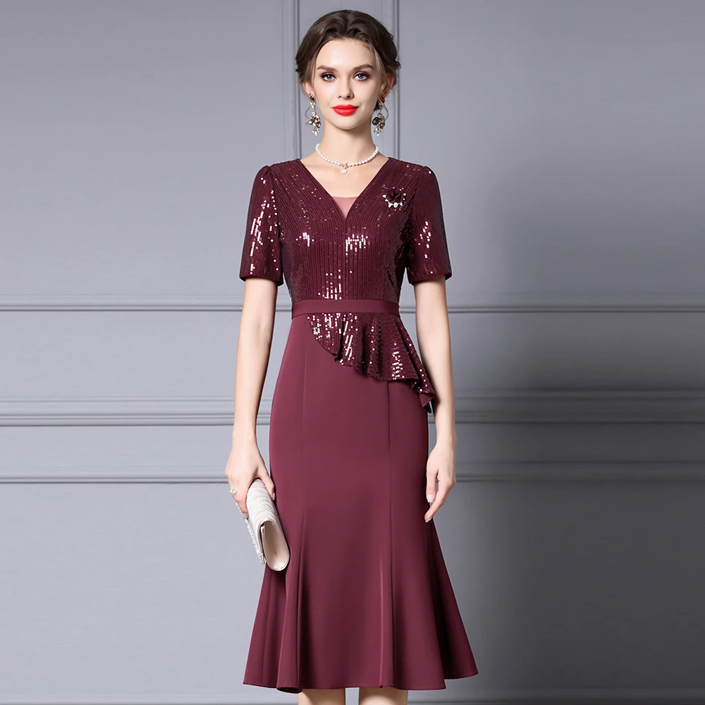 枝荔安哥拉红连衣裙夏女2025新款正式场合高级感过膝鱼尾裙子大码