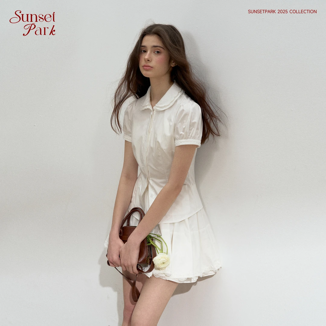 SunsetPark日落公园"白色诗匣"蕾丝刺绣领衬衫/蓬蓬白色半裙