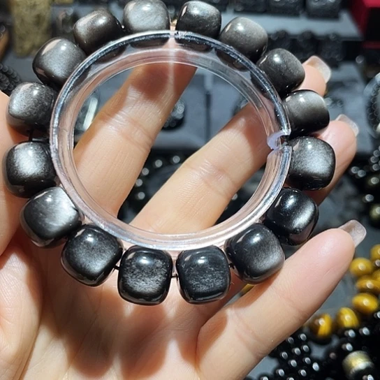 黑曜岩手串未镶嵌L     银曜老型14