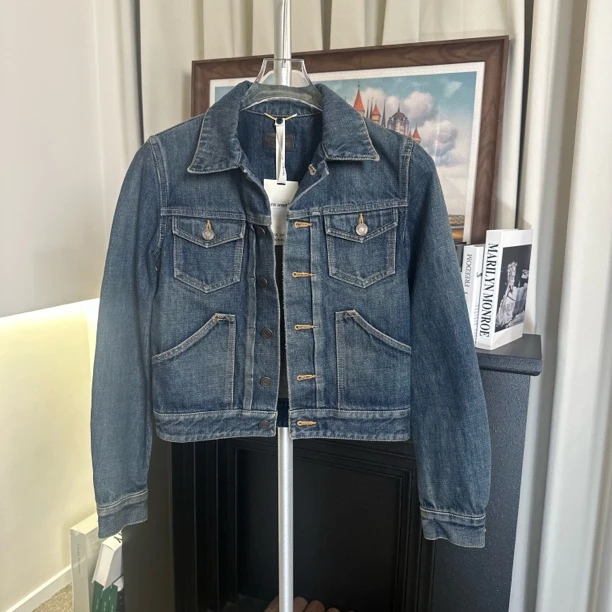 95新 YSL/圣罗兰 B级 SL1033 SLP做旧蓝色牛仔外套 S码 原价12000