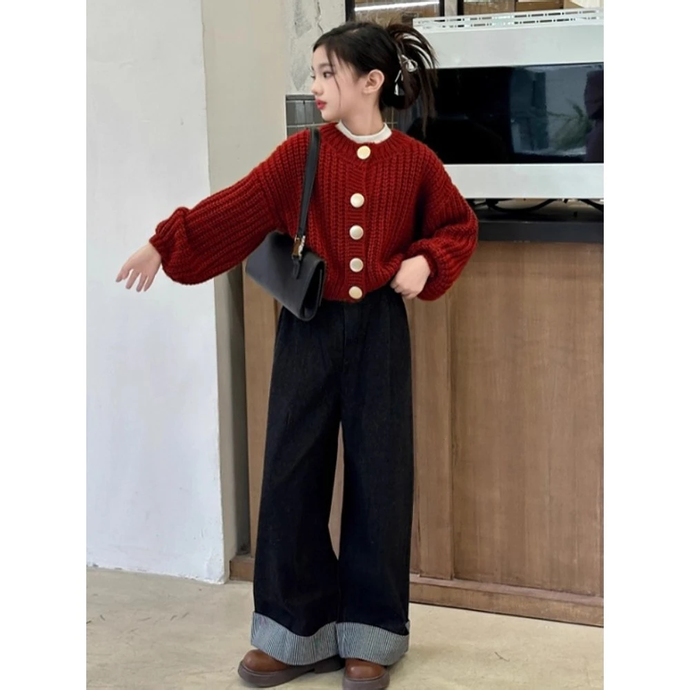 宝宝开衫毛衣套装2025新款洋气儿童红色针织外套女大童秋冬阔腿裤