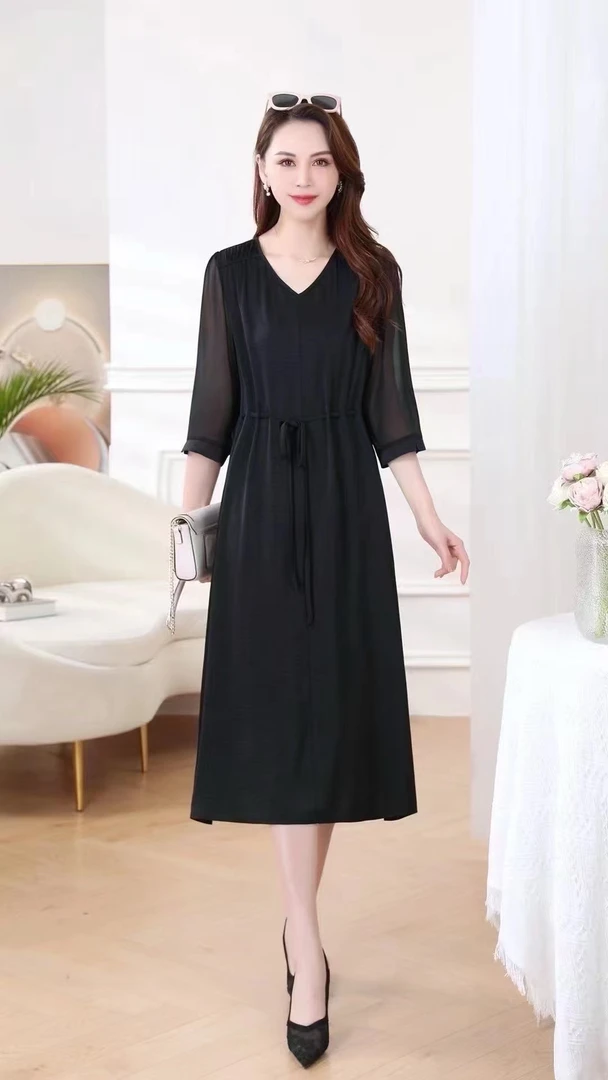 【玉如意】纯黑色高级连衣裙时尚显瘦夏季法式收腰中长款裙子