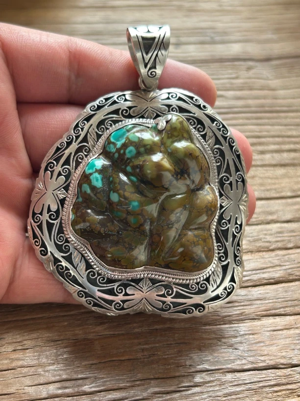 吊坠925银 尼泊尔925银手工雕刻镶嵌松菜黄夸张吊坠复古民族风