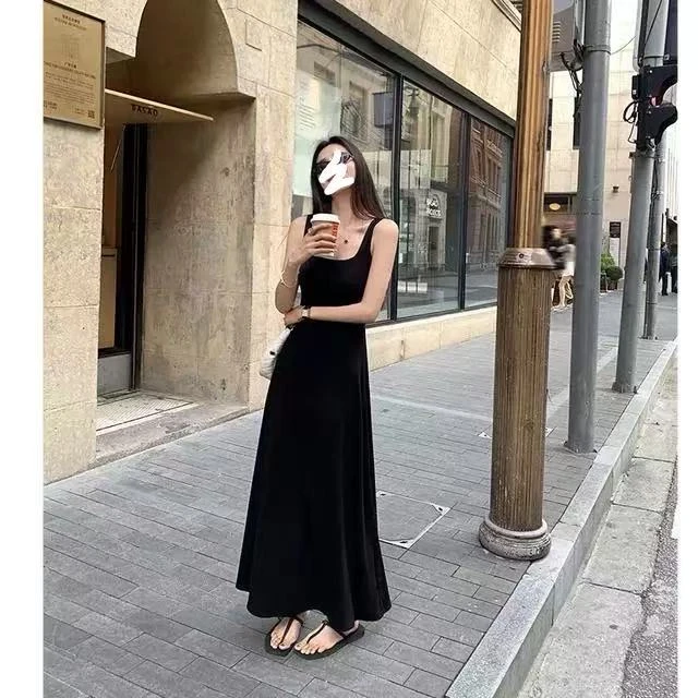 【现货】及第裙肩带背心连衣裙无袖收腰吊带纯色百搭显瘦方领大摆裙