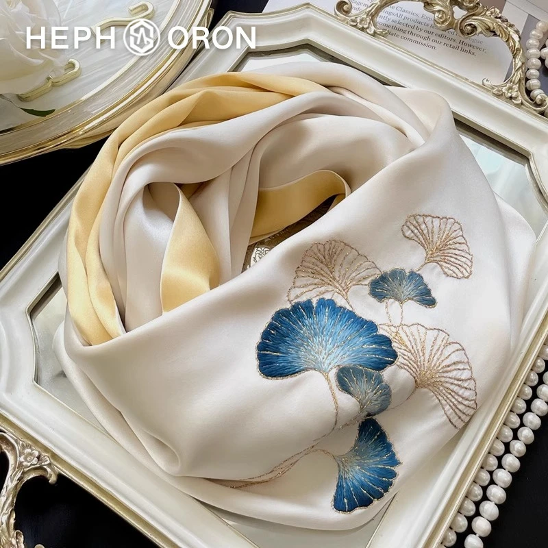 HEPHSORON苏绣丝巾礼盒蓝色银杏叶刺绣披肩丝绸桑蚕丝真丝围巾