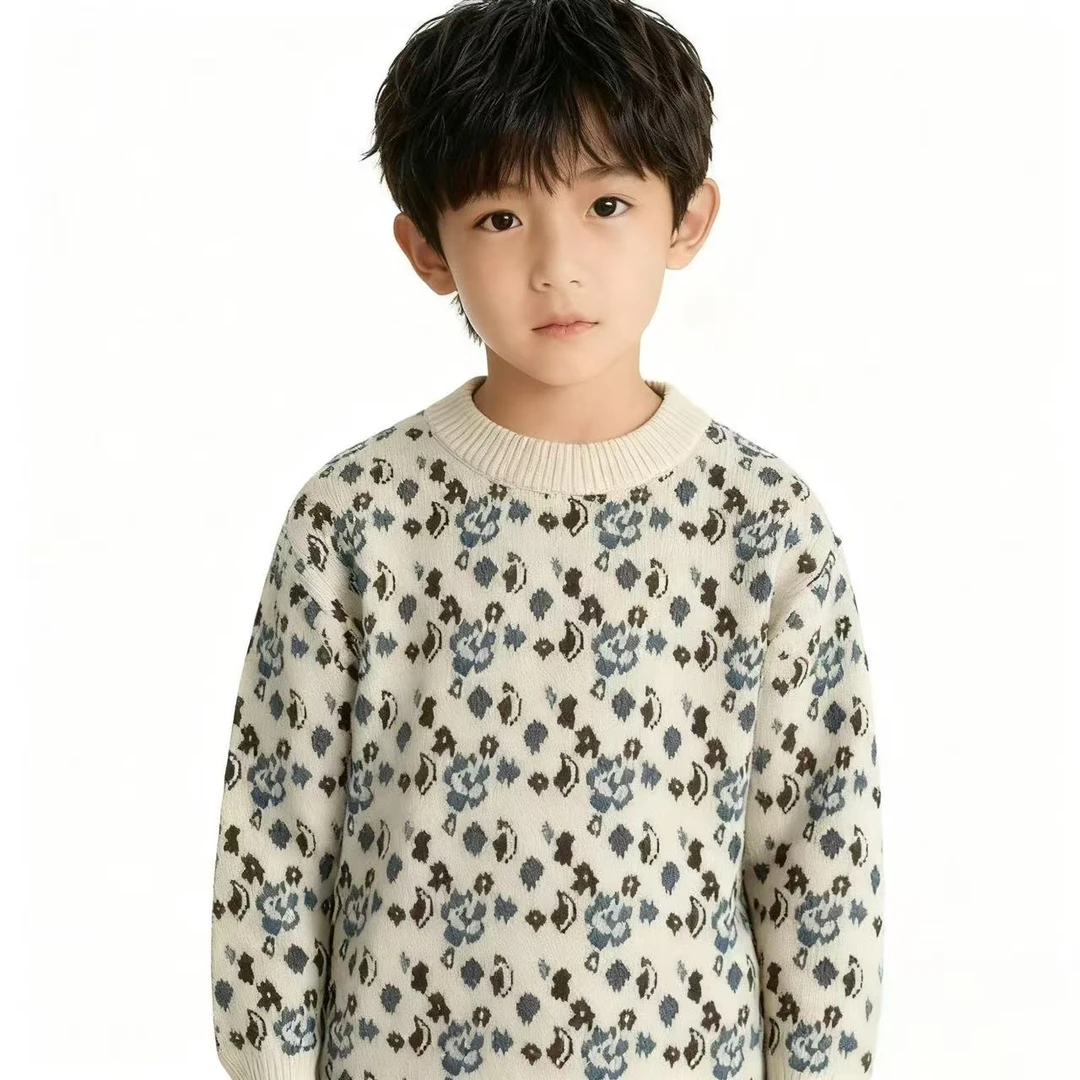 2025年保暖圆领针织衫洋派男童毛衣女童加厚男童套头毛衫豹纹提花