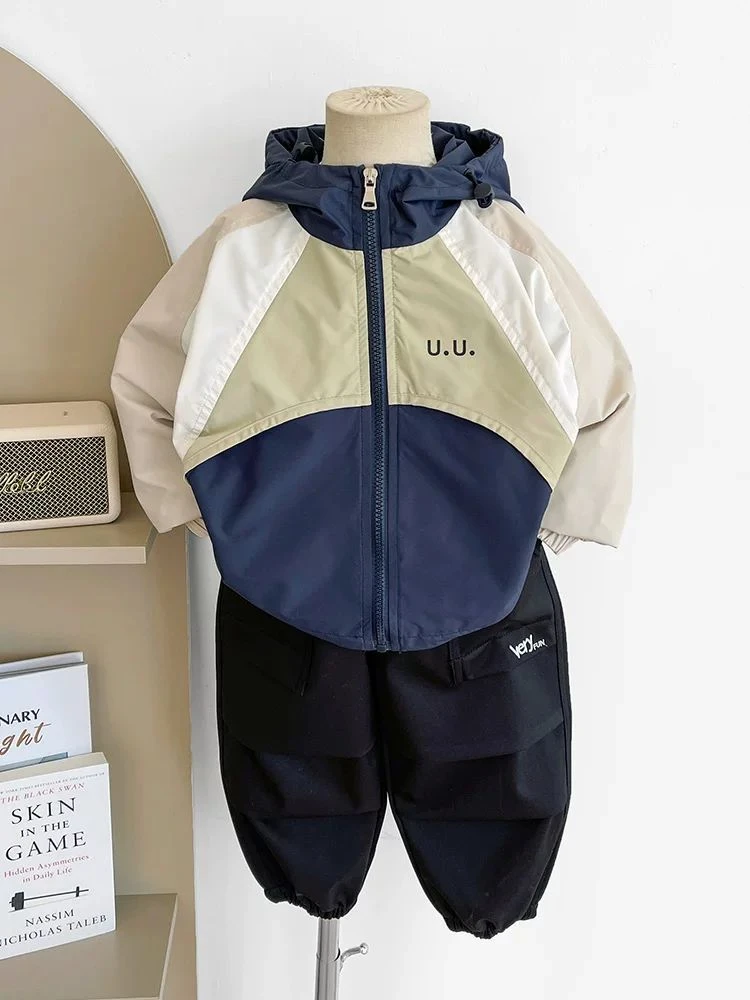 男童连帽风衣韩版2025年春季新款儿童拼色上衣潮宝宝洋气外套秋