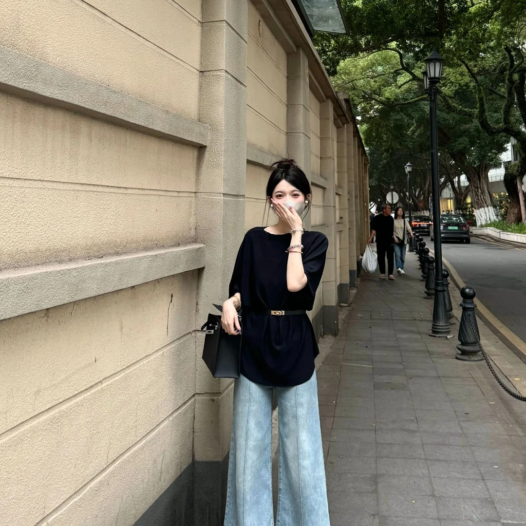 大静推荐【柔珠小姐】夏季法式圆领冰丝针织衫女宽松上衣(配腰带)