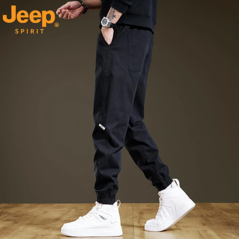 jeep吉普春秋设计感拼接休闲裤男加绒宽松大码束脚潮牌秋冬工装裤