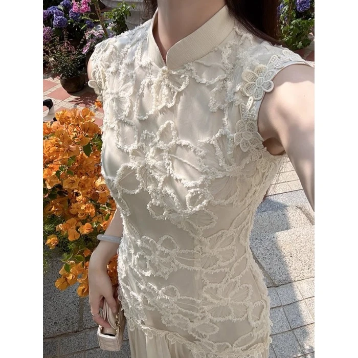 凌茜恣禾 雪俏'白色法式薄纱连衣裙女夏出游必备新中式蕾丝旗袍裙