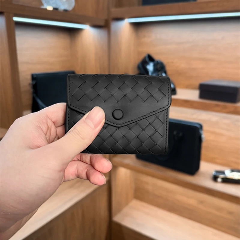 BV头层胎牛皮纯手工编织卡包多卡位便携式百搭卡包黑色短款证件包