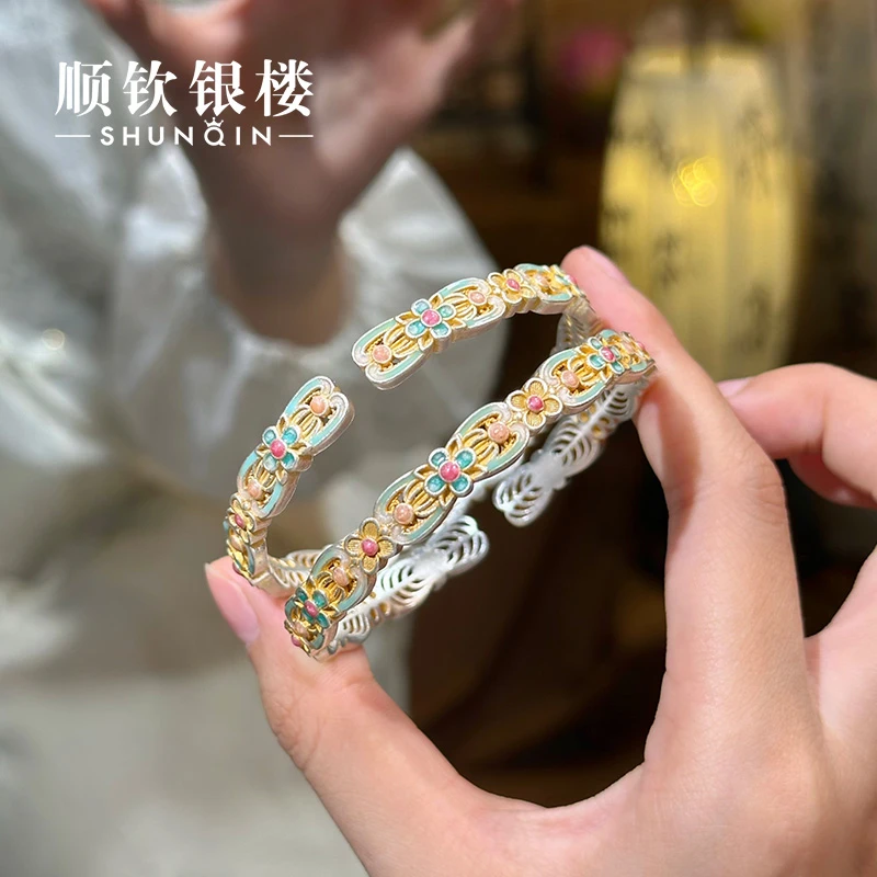 顺钦银楼 足银珐琅手镯 【玉楼春手镯】999.9设计感国风手镯送女友