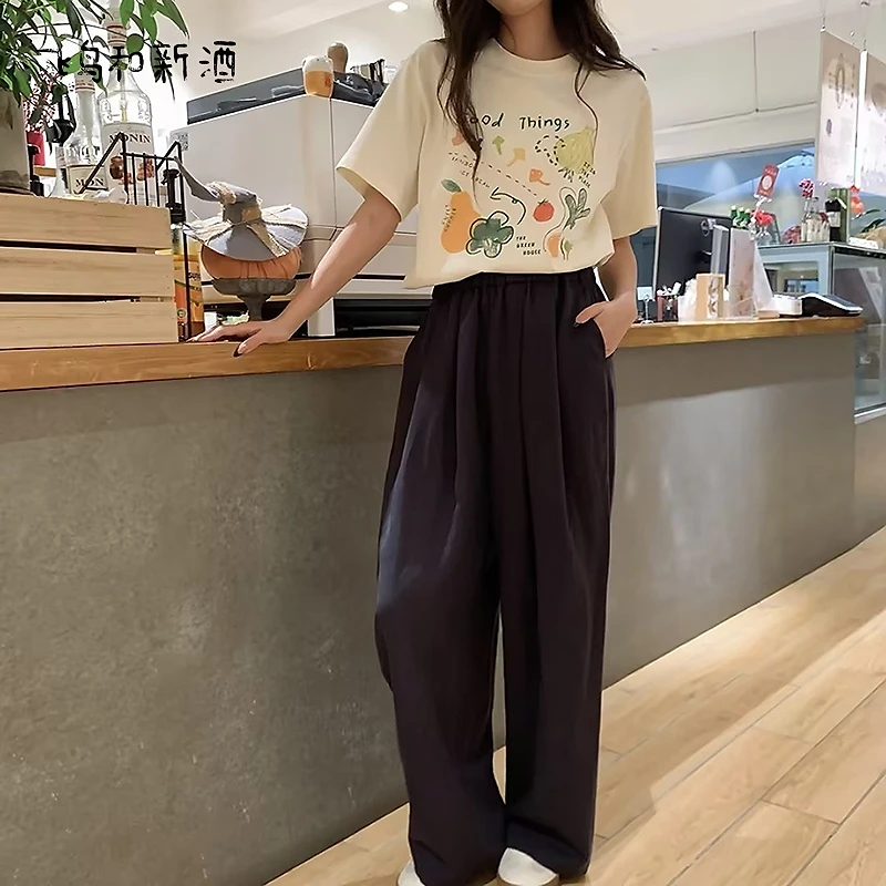 飞鸟和新酒松紧腰休闲裤女春显瘦直筒裤女裤FA510142040