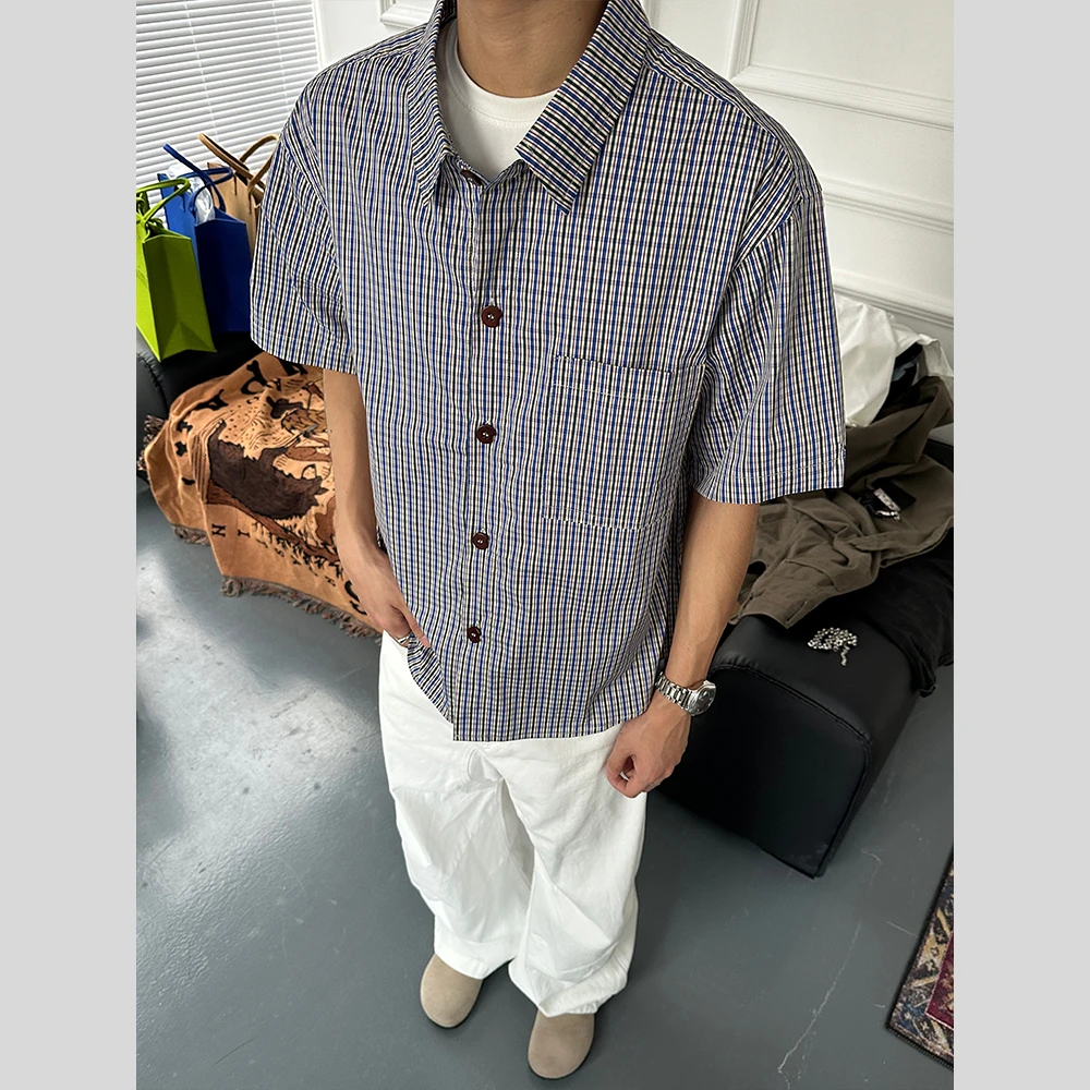 新款男士千鸟条纹慵懒风简约宽松短袖衬衫潮夏季衬衣