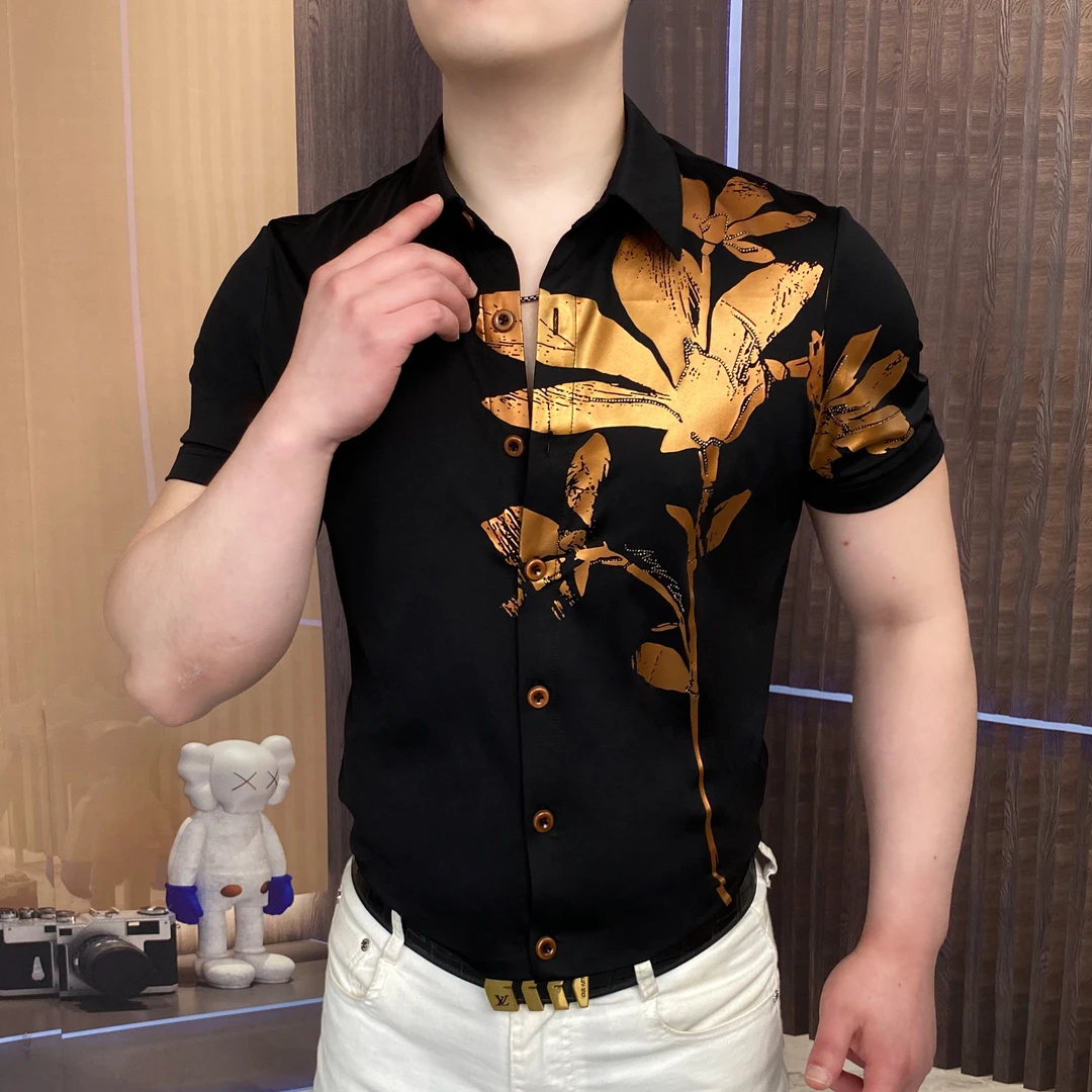 《一枝金花》2025夏衬衫时尚潮流个性男士休闲百搭修身翻领帅气商务