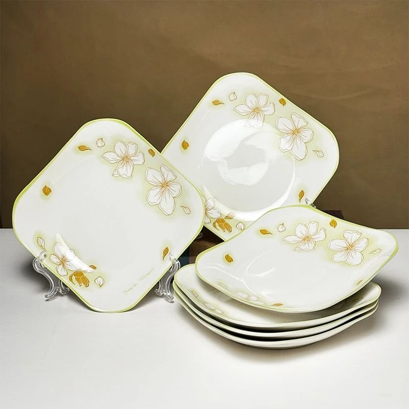 新款黄金叶方盘餐盘陶瓷八英寸6个装微波炉洗碗机可用家用方盘