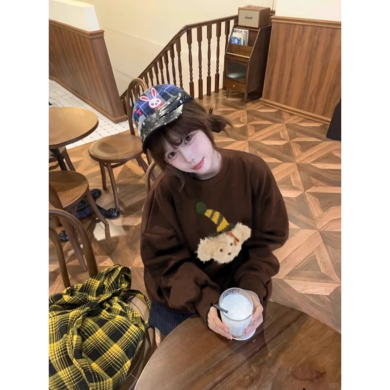 松弛感加绒圆领卫衣女冬季宽松百搭长袖外套小众印花设计感卫衣