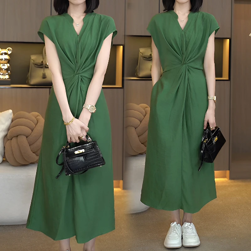 韩系高级气质短袖连衣裙女装2025夏季新款小众设计时尚收腰长裙子