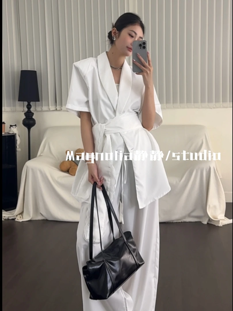 【MAGNOLIA】西装衬衫短袖加阔腿裤套装