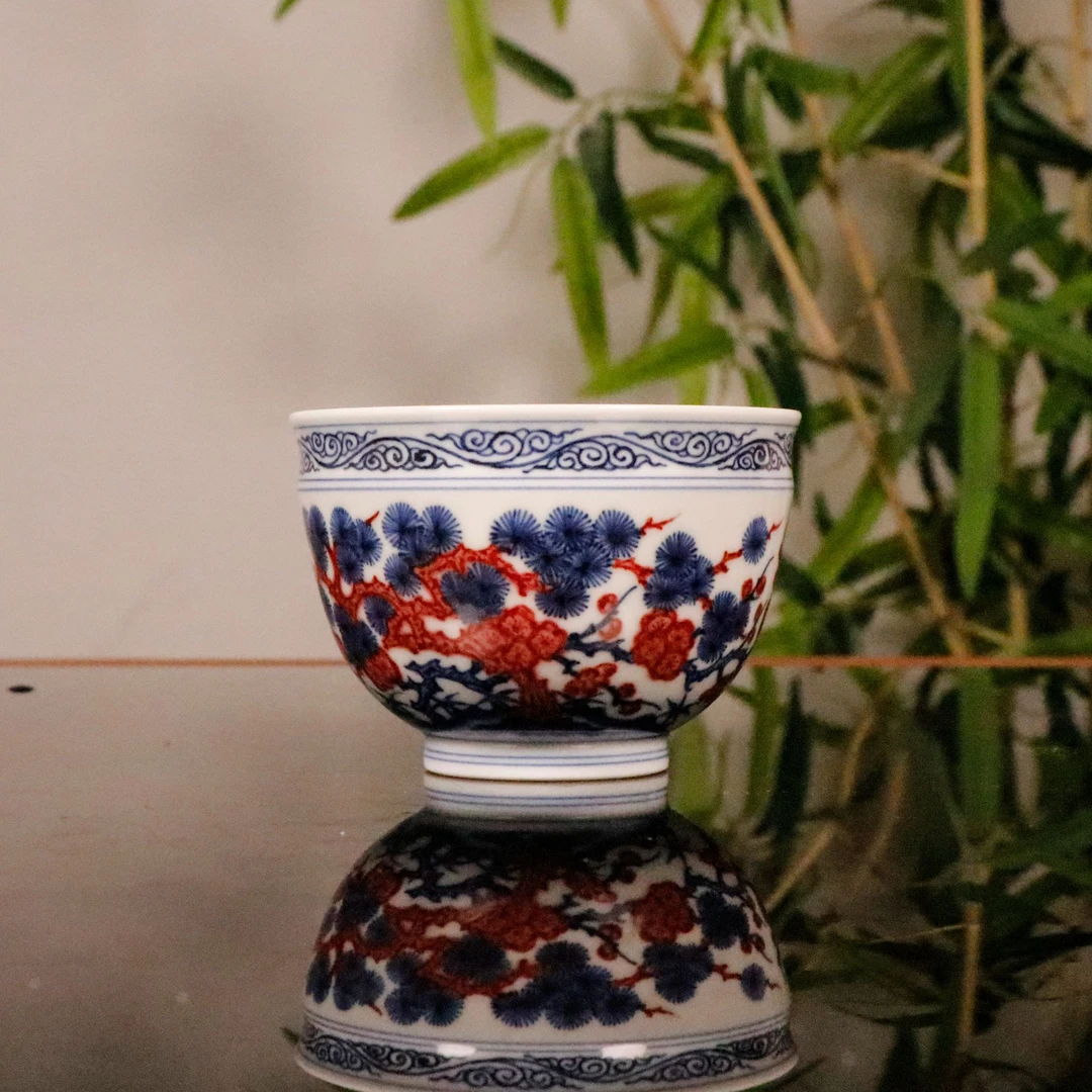 片云晚谷青花釉里红松竹梅灯盏杯景德镇手绘陶瓷茶器主人杯茶杯