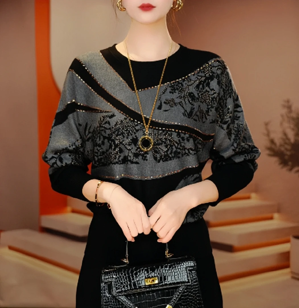 秋季新款时尚高品质提花烫钻女士针织衫洋气上档次妈妈毛衣打底衫