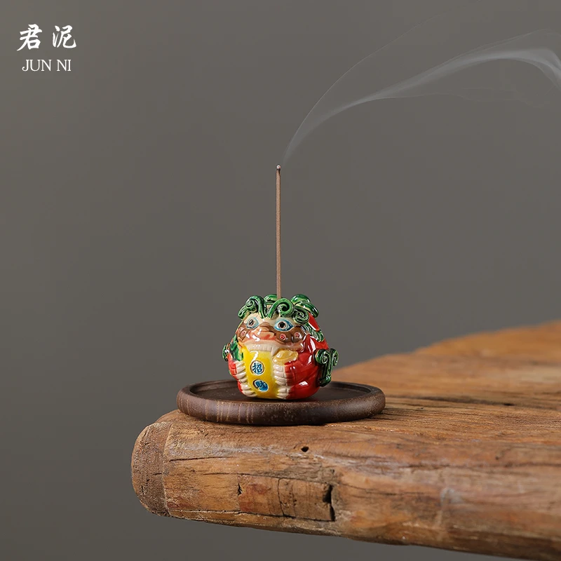 招财陶瓷手绘风狮爷线香香插香座家用创意茶道茶宠桌面香薰炉摆件