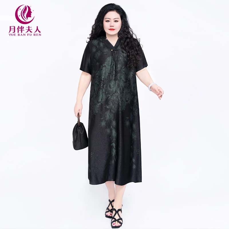 月伴夫人 2025夏季新款大码复古优雅V领宽松显瘦改良旗袍裙5170