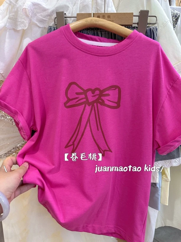 卷毛桃2025夏玫红蝴蝶结印花T