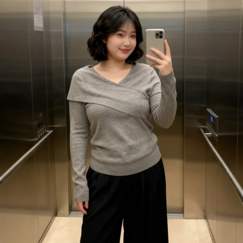 大码女装灰色交叉v领长袖针织打底衫冬季胖mm显瘦巨好看内搭上衣