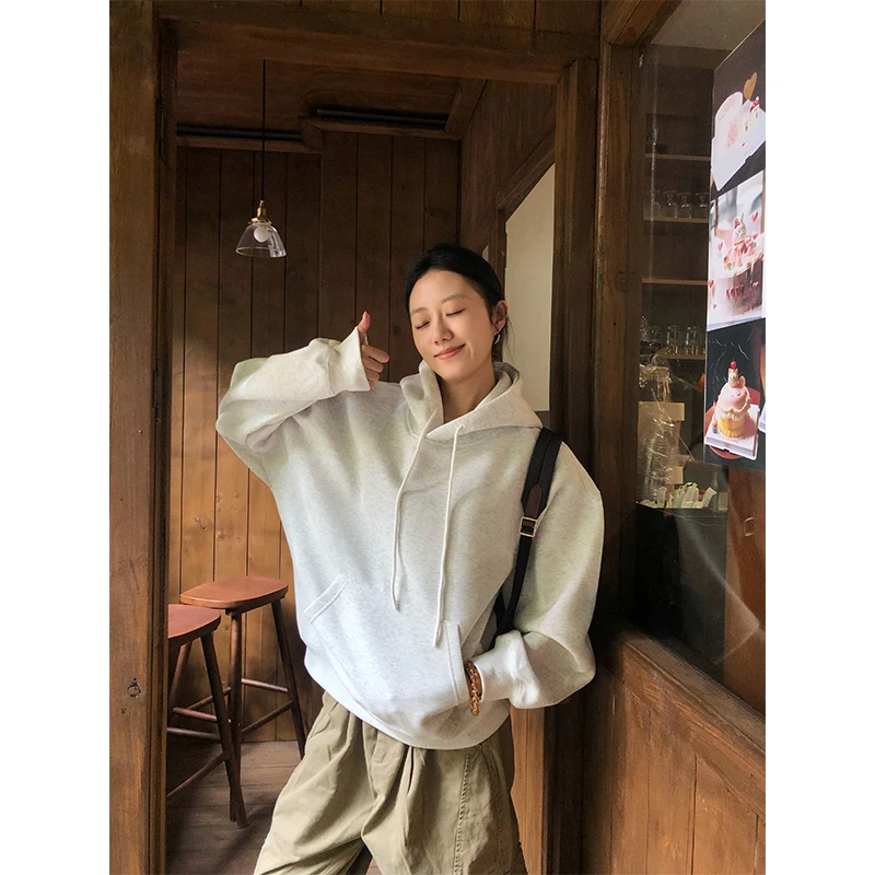 重磅400克oversize复古中短款纯色连帽卫衣女套头韩版宽松慵懒风