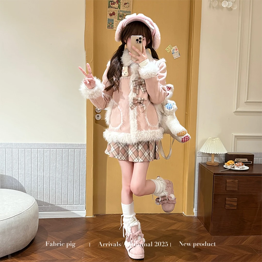 【莓果泡弹】甜美风粉色加绒鹿皮毛呢外套女冬夹克上衣套装