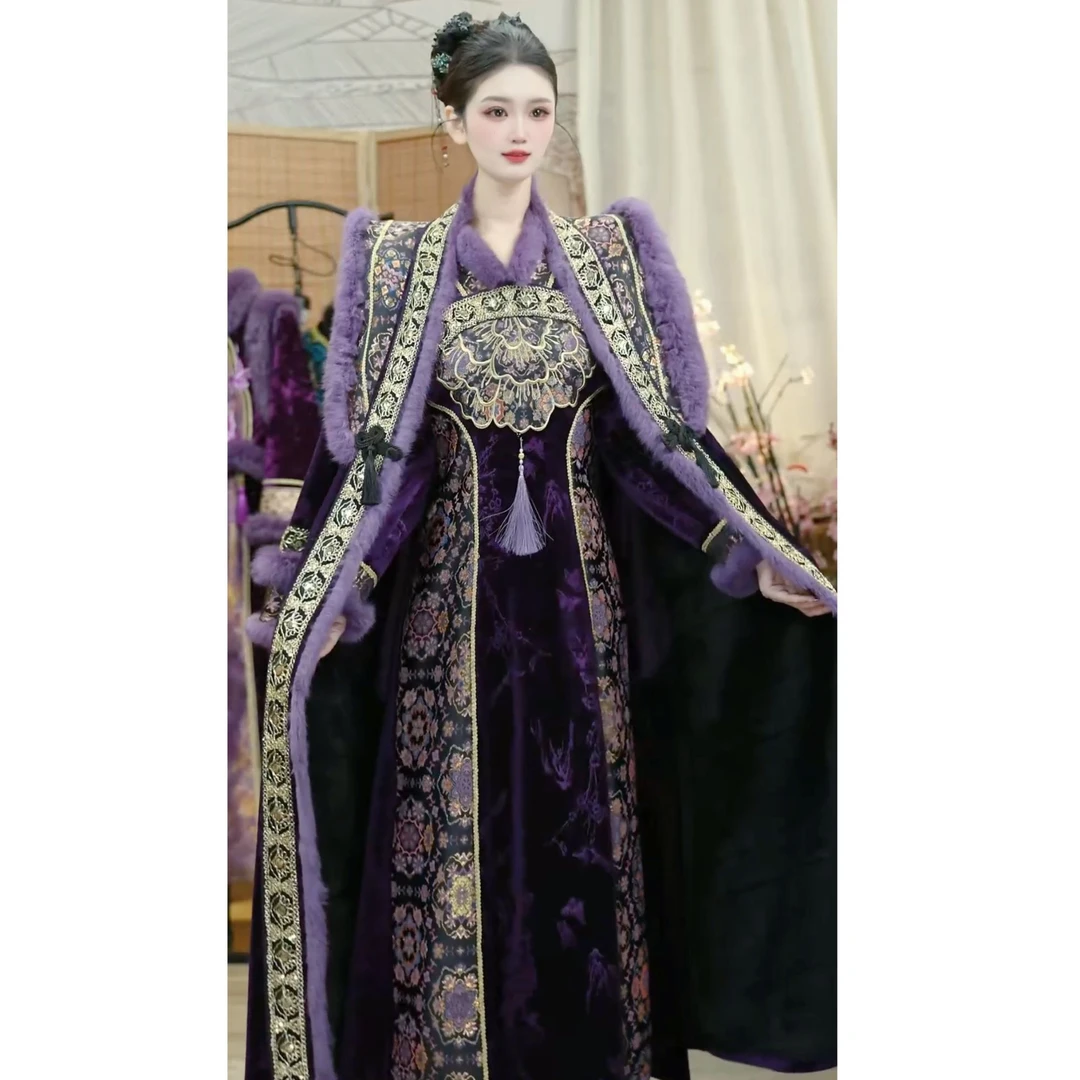 羽唐名2025冬季新款紫色民族风加绒复古新中式女套装（5490+5500）